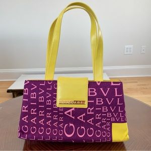 BVLGARI pink and yellow neoprene shoulder bag. Leather handles.